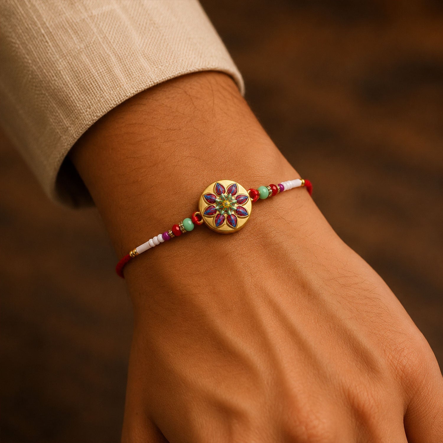 Golden Round Star Flower Meena Charm With Beads Rakhi for Brother (1 Pc)