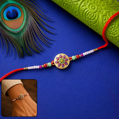 Golden Round Star Flower Meena Charm With Beads Rakhi for Brother (1 Pc)