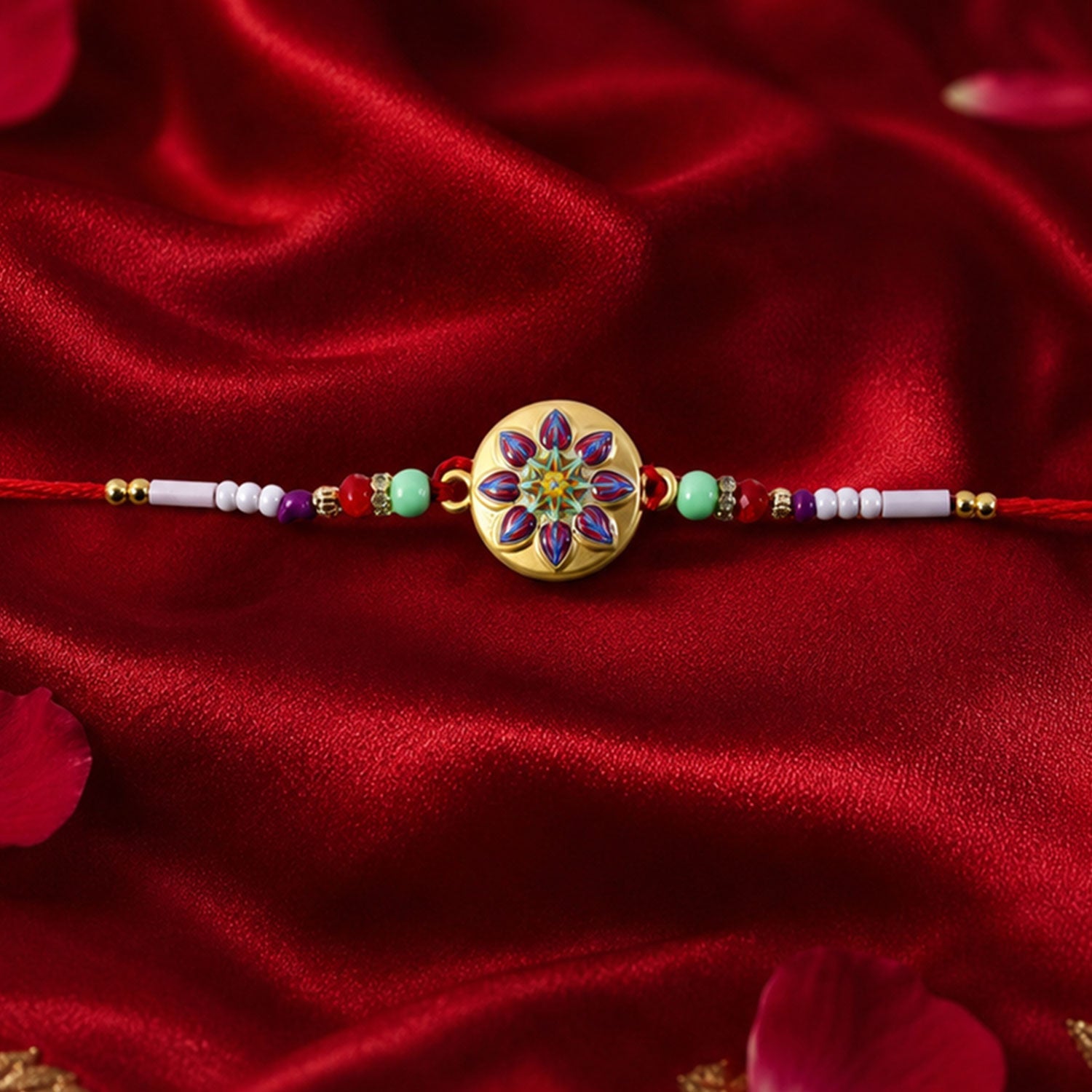 Golden Round Star Flower Meena Charm With Beads Rakhi for Brother (1 Pc)