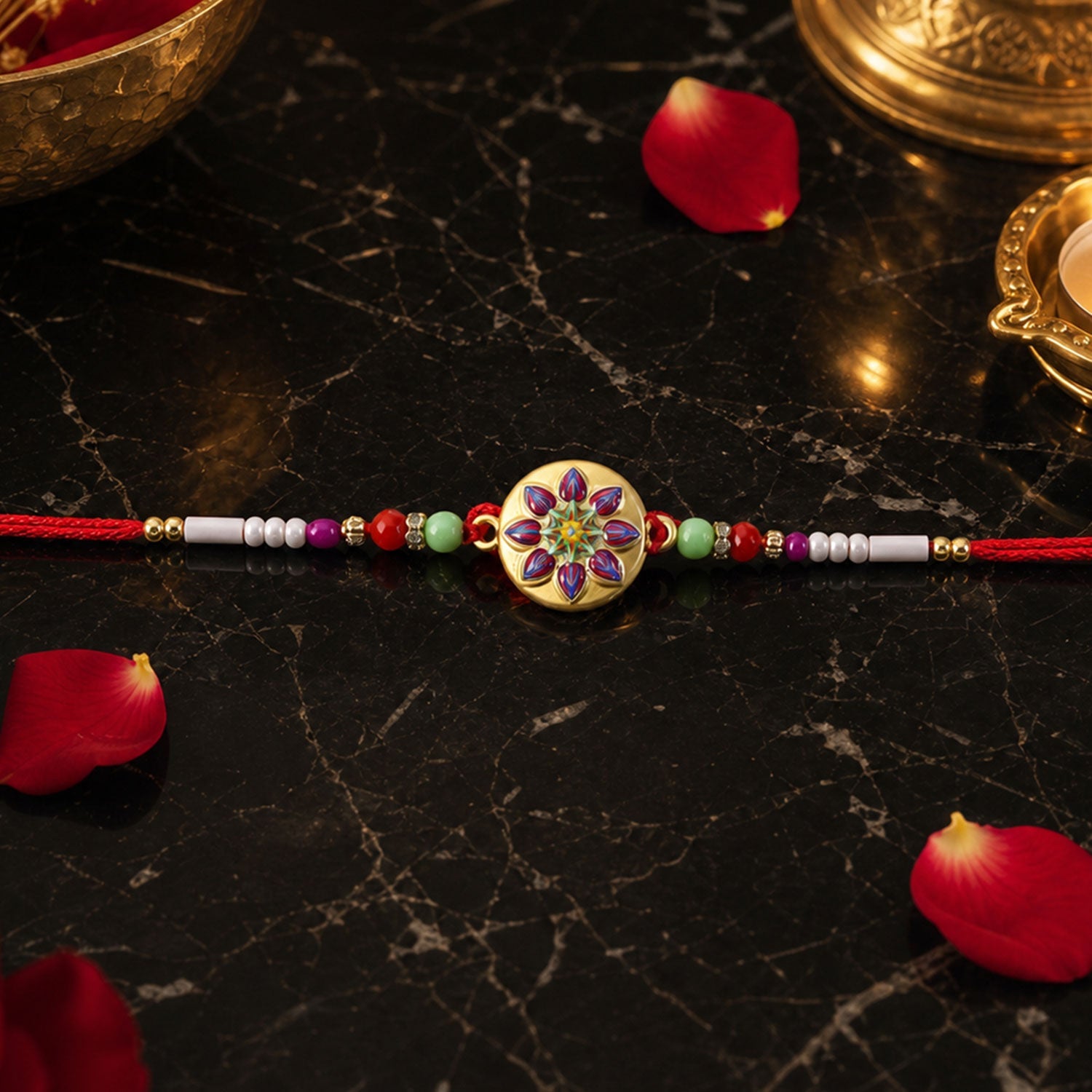 Golden Round Star Flower Meena Charm With Beads Rakhi for Brother (1 Pc)
