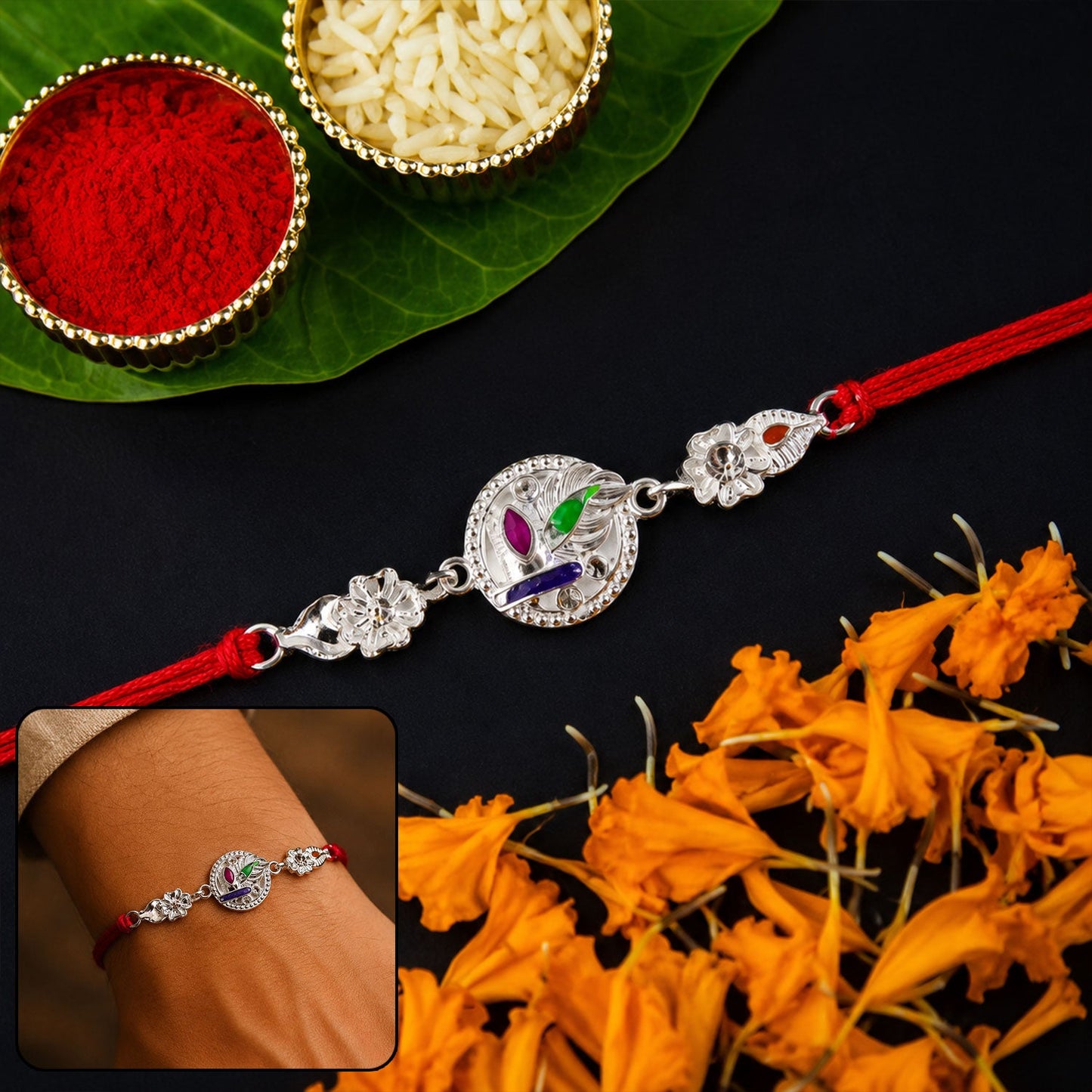 Silver Round Charm With Dori Rakhi for Brother (1 Pc)
