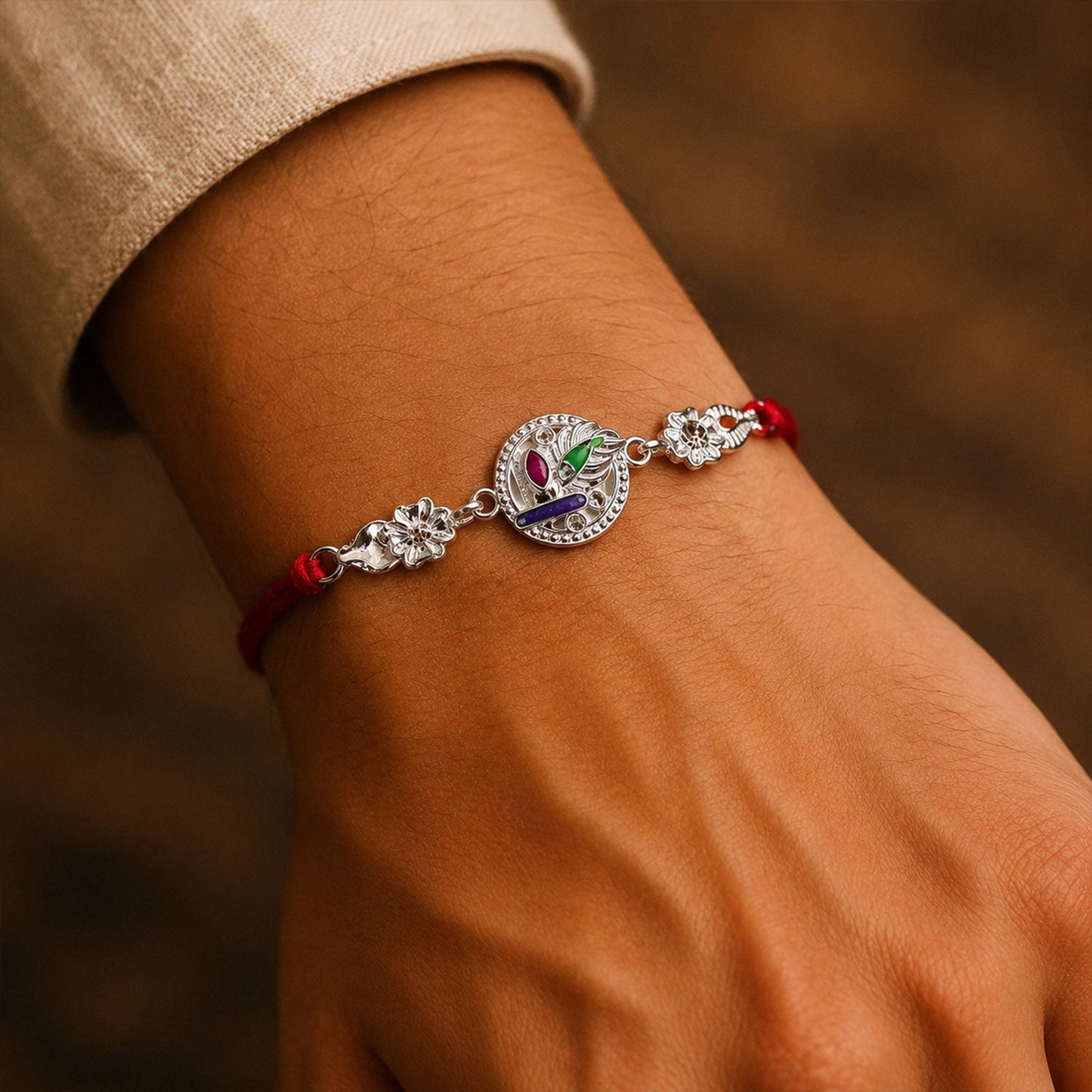 Silver Round Charm With Dori Rakhi for Brother (1 Pc)