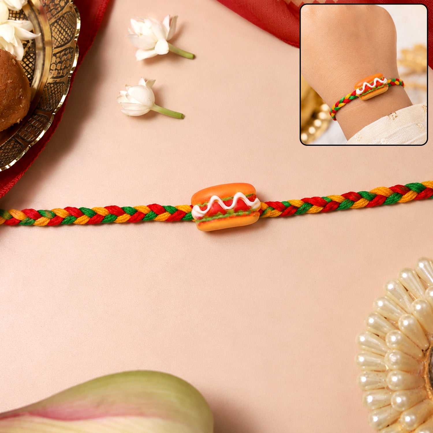 Cute Hot Dog Burger Charm Braided Thread Kids Rakhi for Brother (1 Pc)