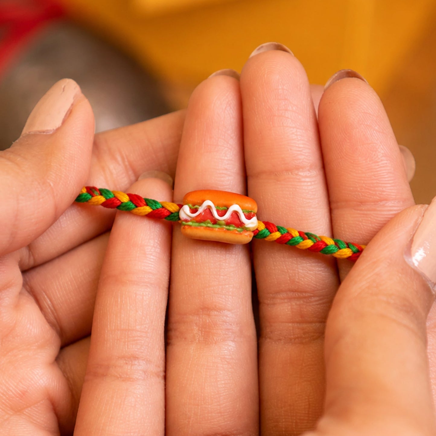 Cute Hot Dog Burger Charm Braided Thread Kids Rakhi for Brother (1 Pc)