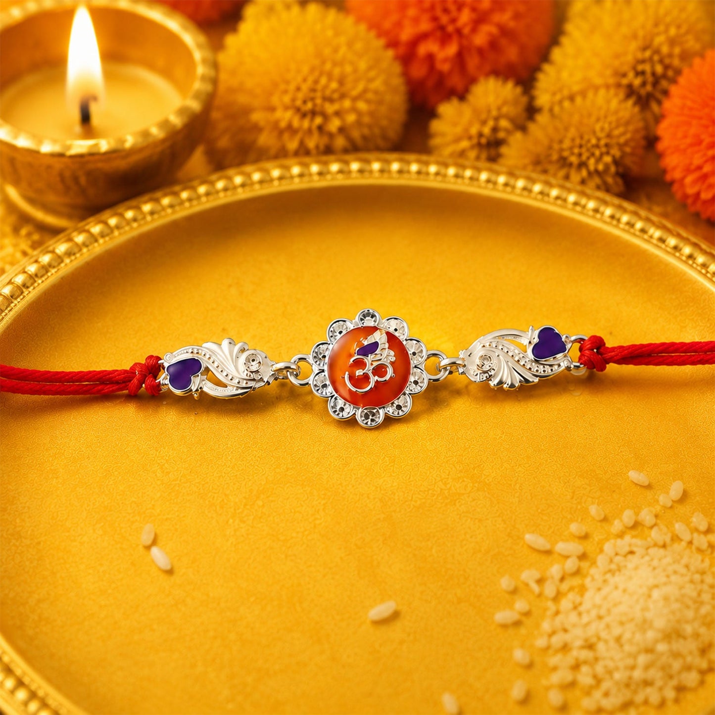 Silver Om Floral Charm With Dori Rakhi for Brother (1 Pc)