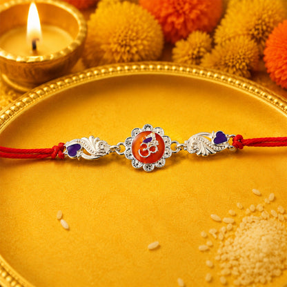 Silver Om Floral Charm With Dori Rakhi for Brother (1 Pc)