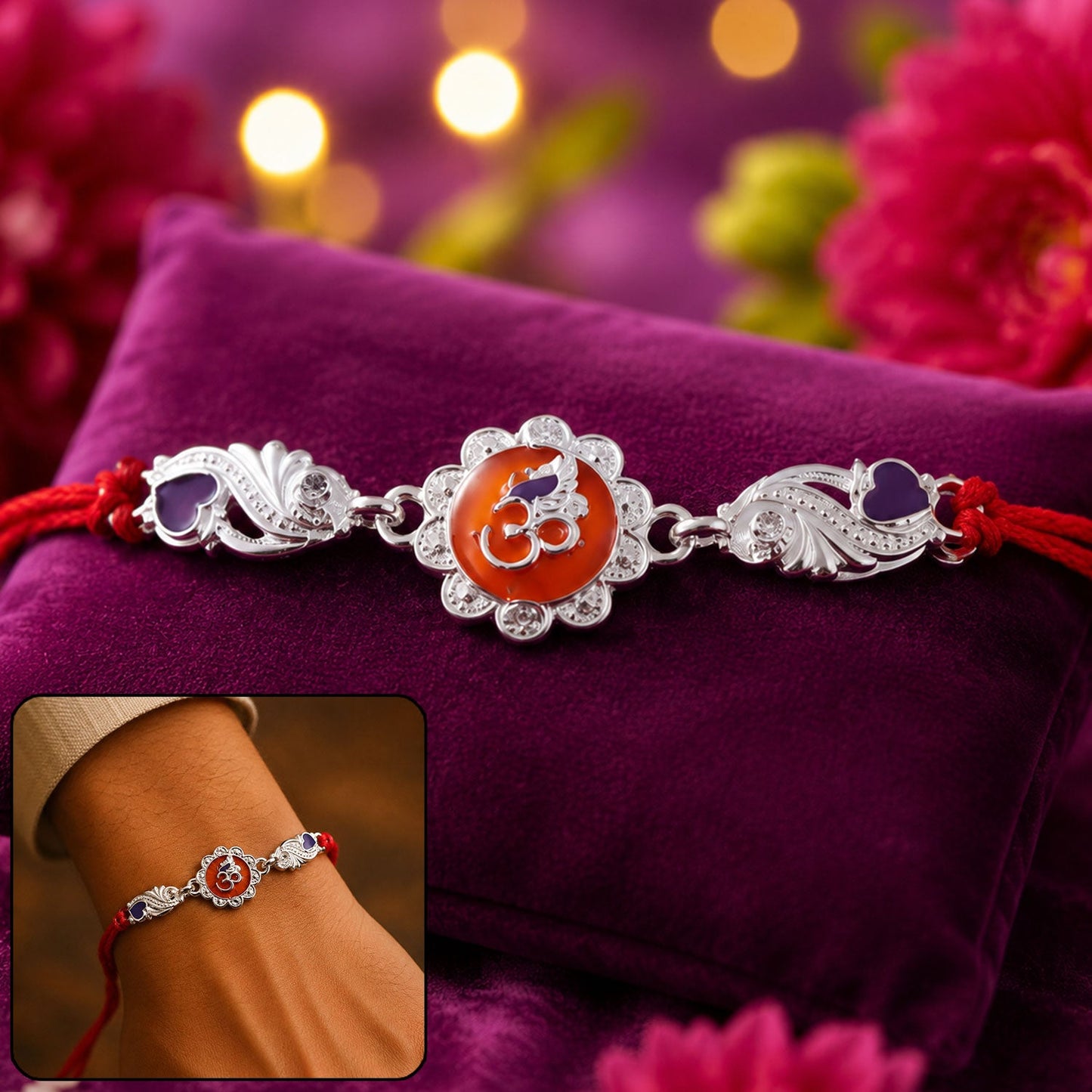 Silver Om Floral Charm With Dori Rakhi for Brother (1 Pc)