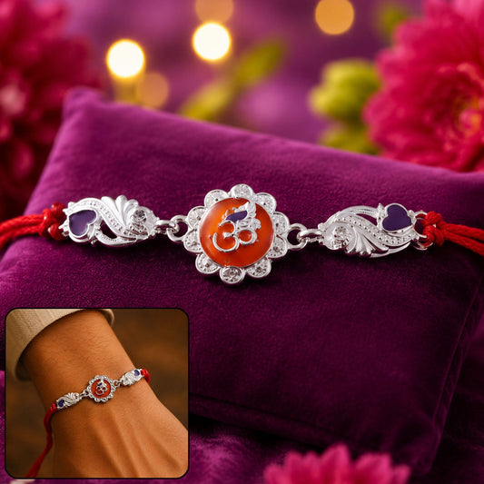 Silver Om Floral Charm With Dori Rakhi for Brother (1 Pc)