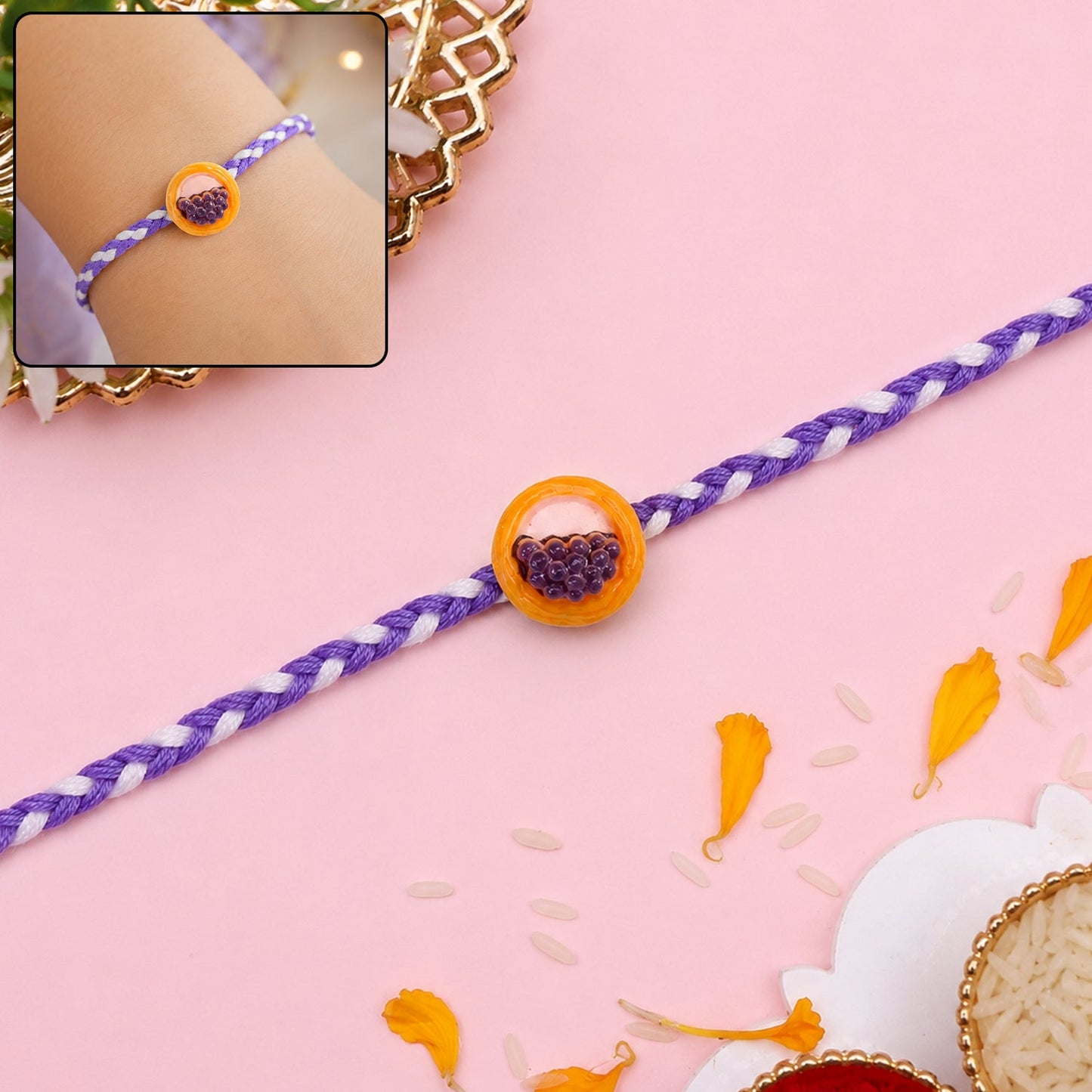 Cute Grapes Basket Charm Braided Thread Kids Rakhi for Brother (1 Pc)