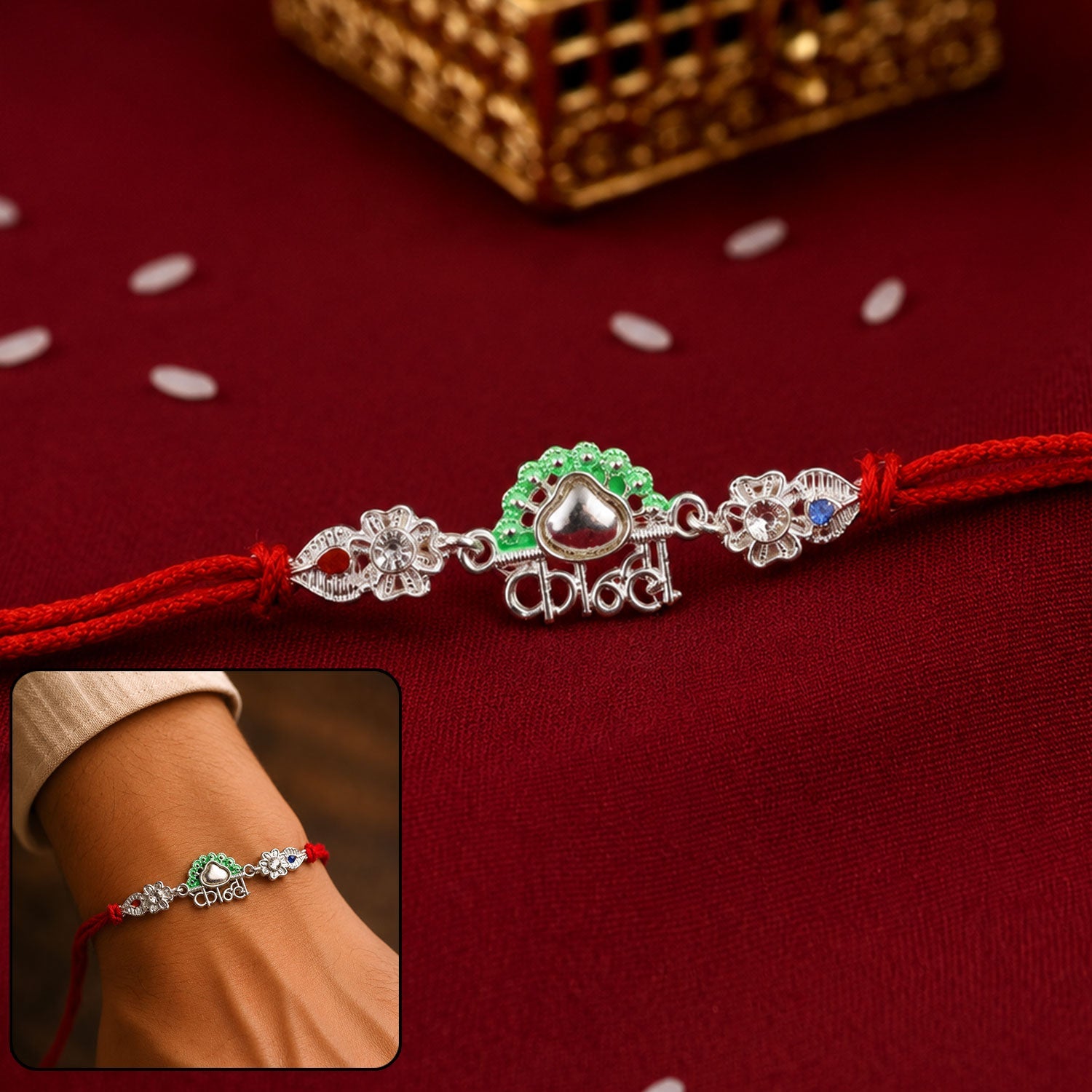 Silver Kanha Mor Charm With Dori Rakhi for Brother (1 Pc)