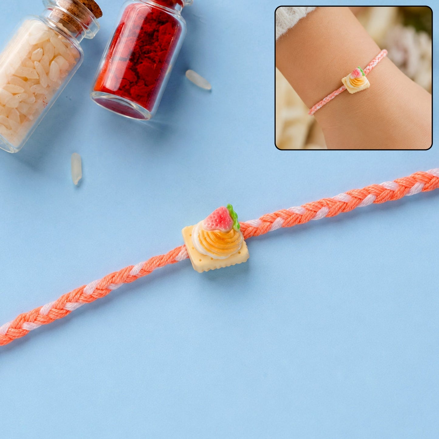 Cute Strawberry Biscuit Charm Braided Thread Kids Rakhi for Brother (1 Pc)