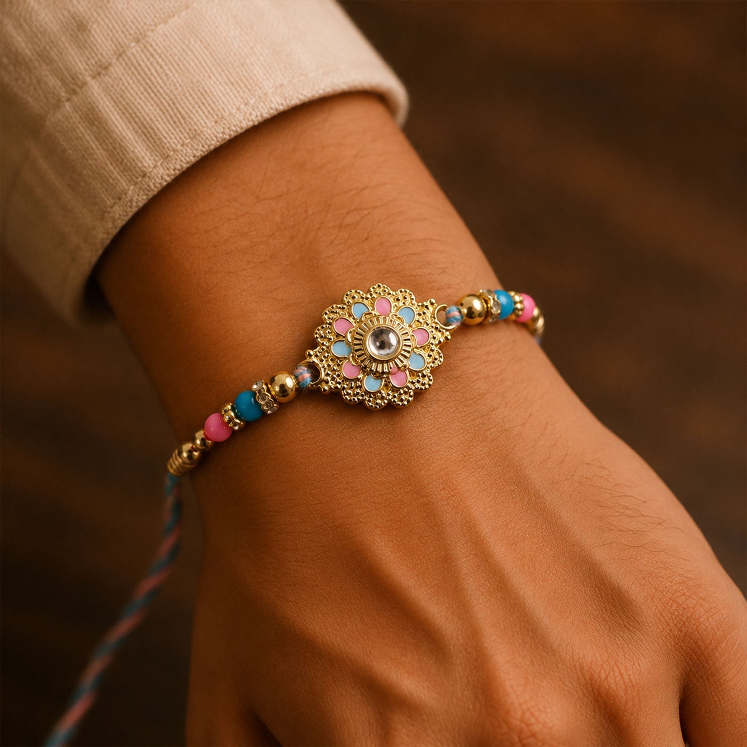 Designer Floral Kundan Charm With Beads Rakhi for Brother (1 Pc)