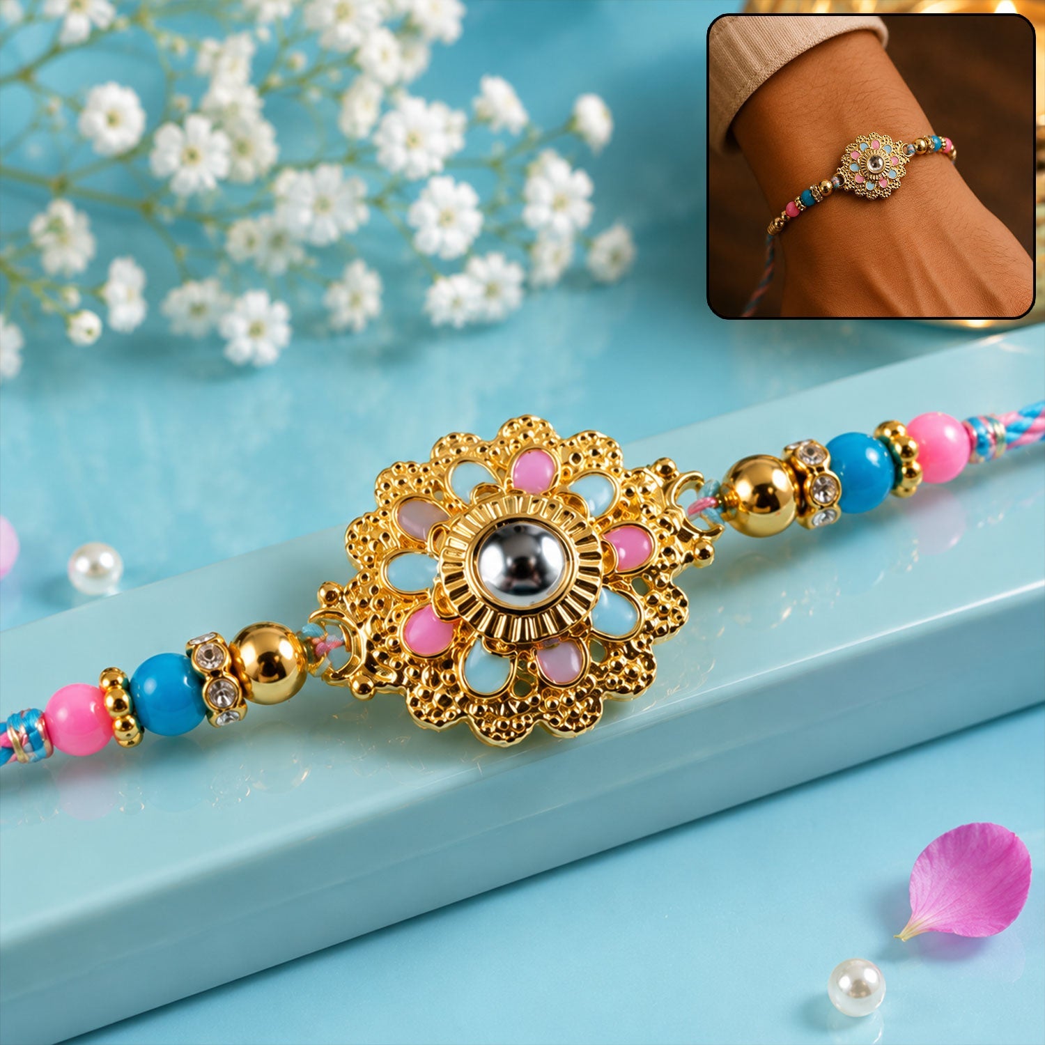 Designer Floral Kundan Charm With Beads Rakhi for Brother (1 Pc)