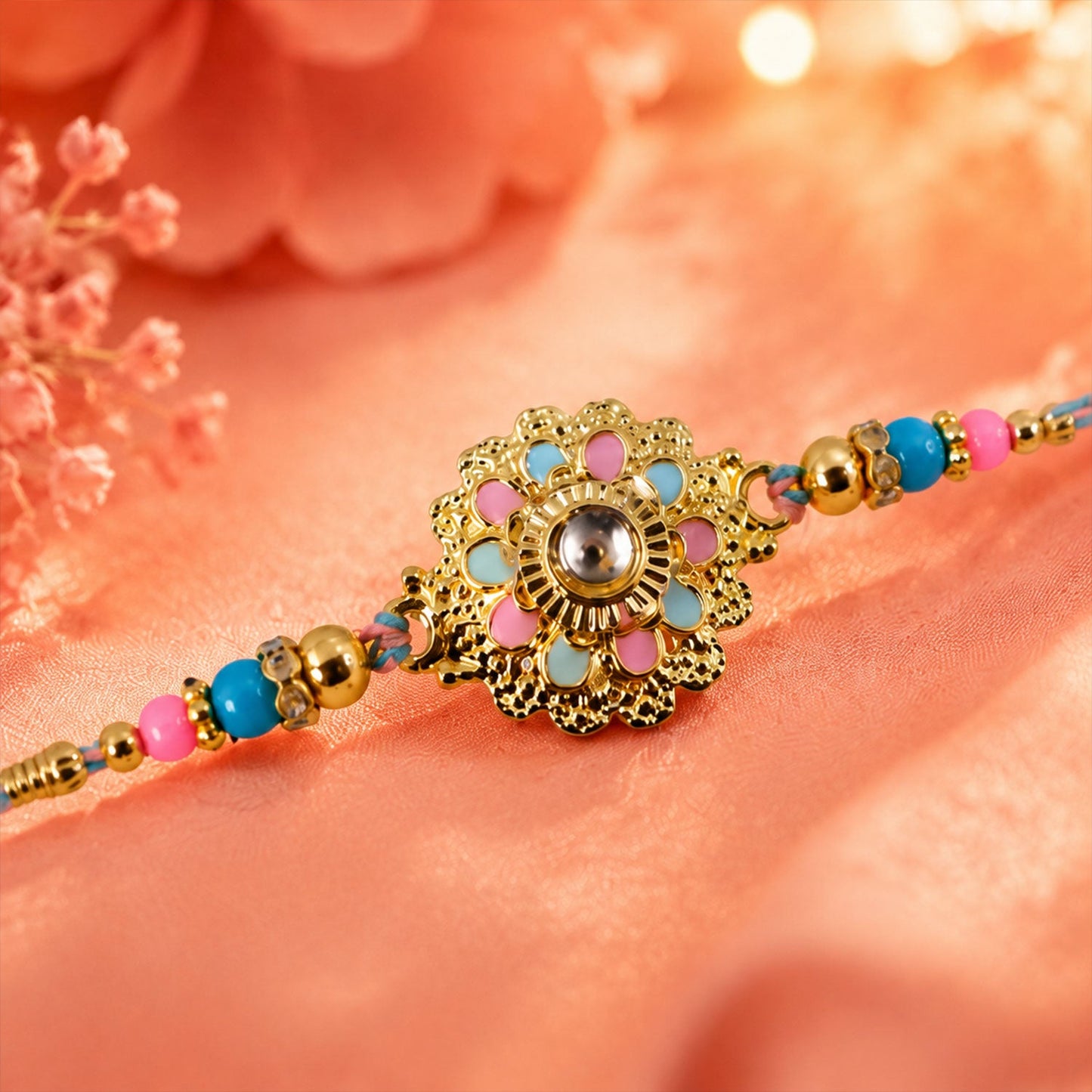 Designer Floral Kundan Charm With Beads Rakhi for Brother (1 Pc)