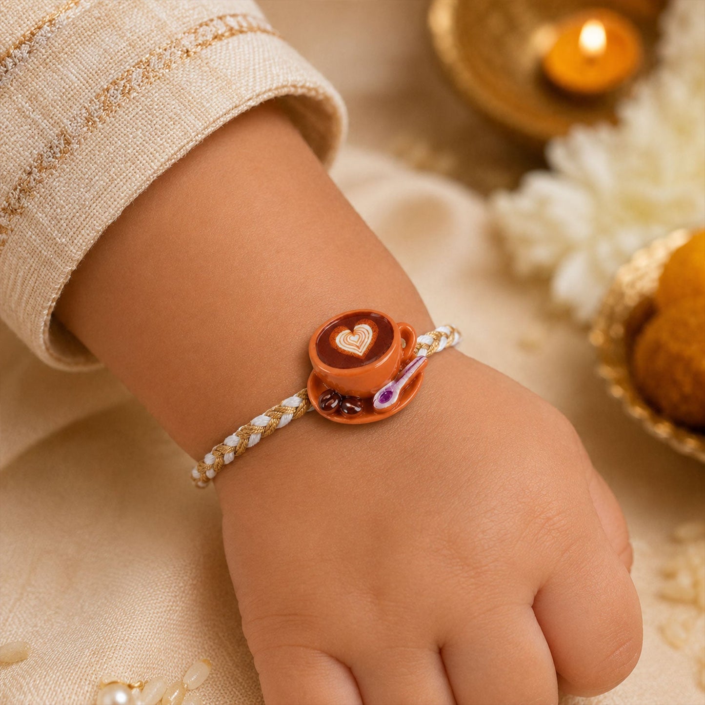Styled rakhi with coffee cup heart charm on white background