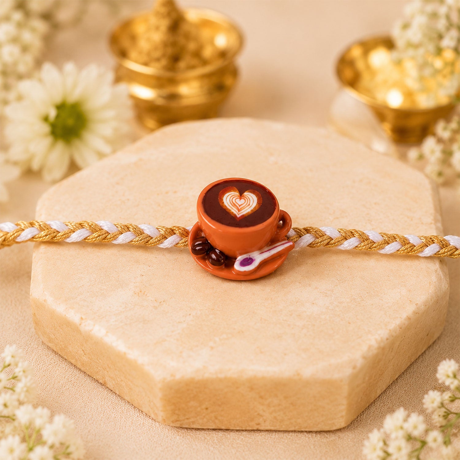 Closeup of intricate braided thread rakhi with coffee cup charm