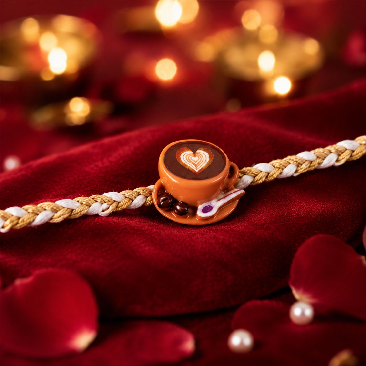 Coffee cup heart charm rakhi showing braided thread detail