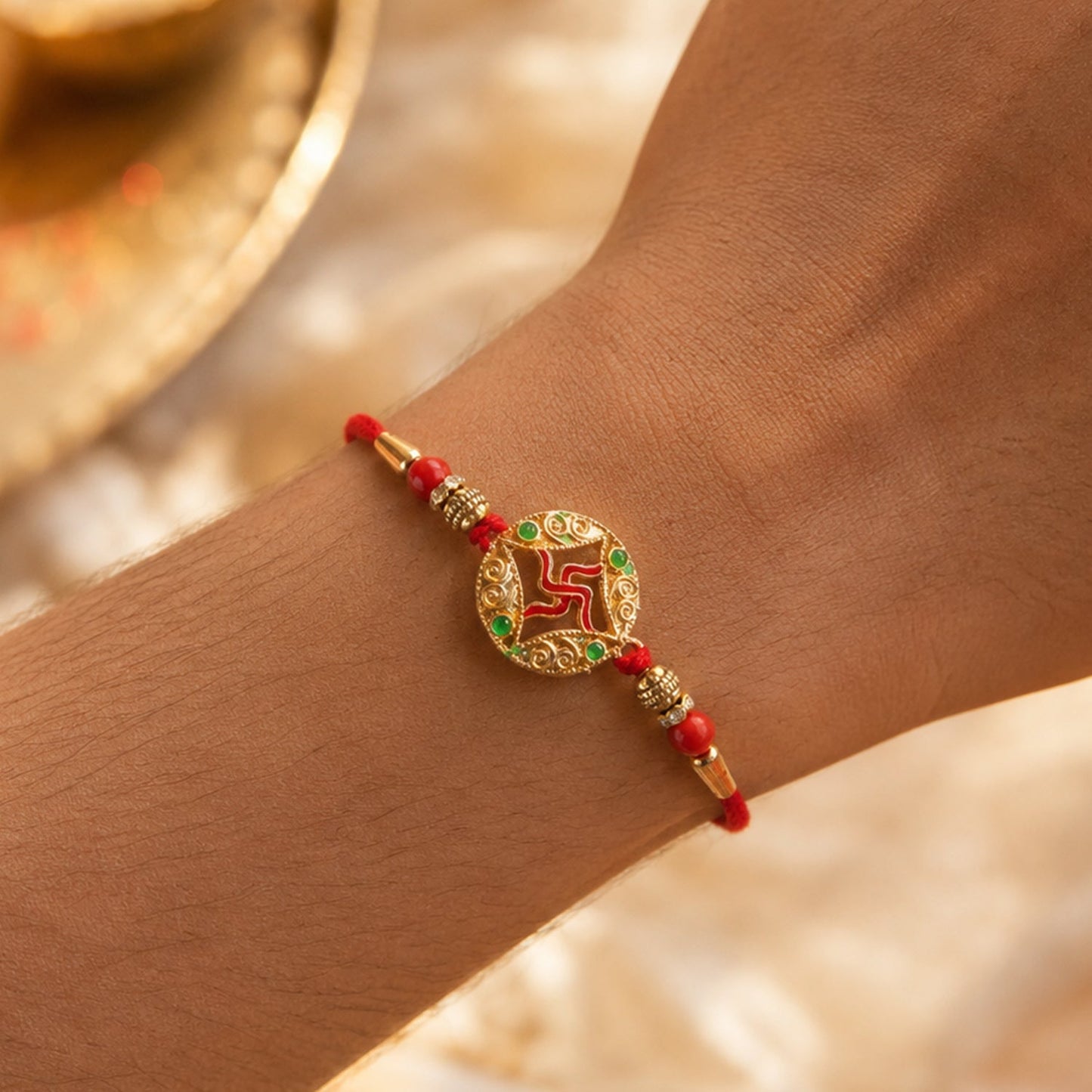 Top view of golden swastik charm rakhi with beads