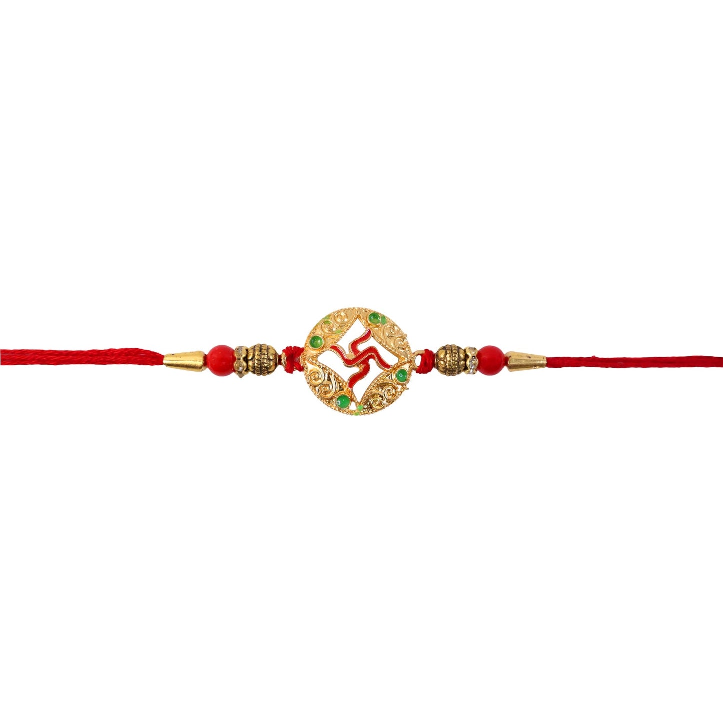 Close detail of swastik charm on rakhi with bead accents