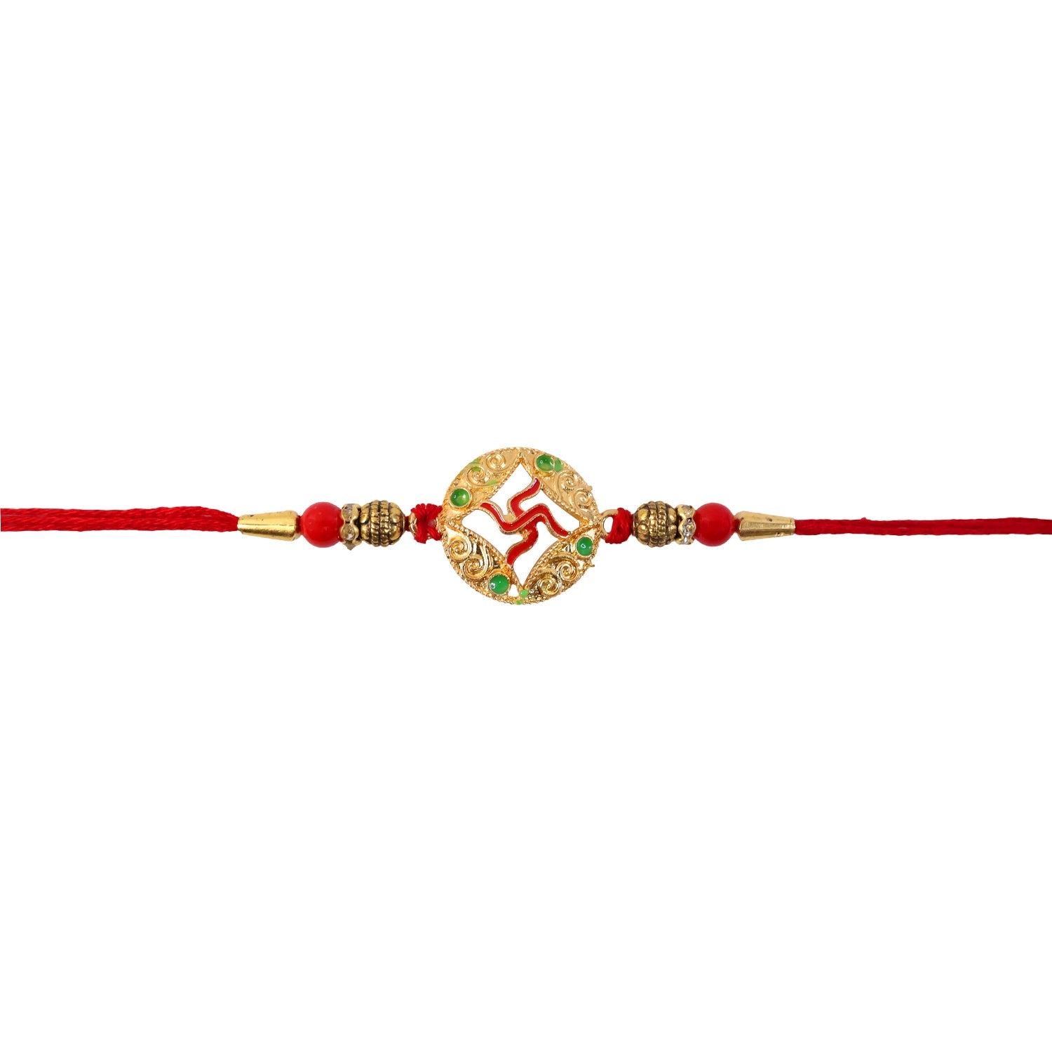 Close detail of swastik charm on rakhi with bead accents