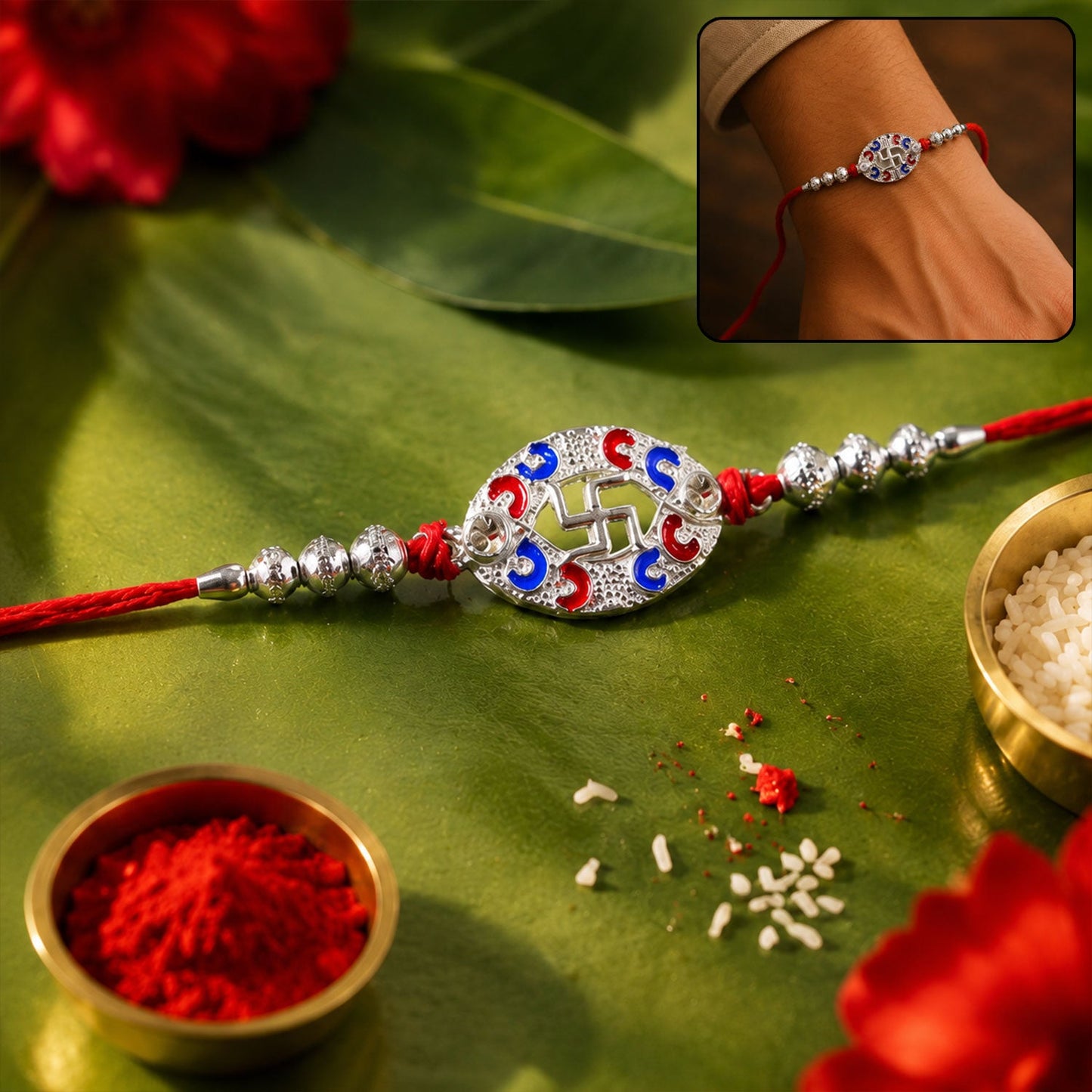 Silver Swastik Oval Meena Charm Dori Rakhi top view