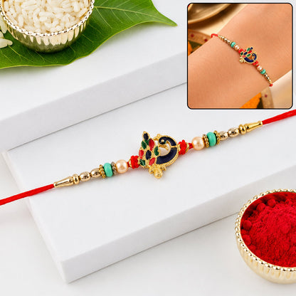Meenakari Peacock Charm with Beads Rakhi for Brother, front view