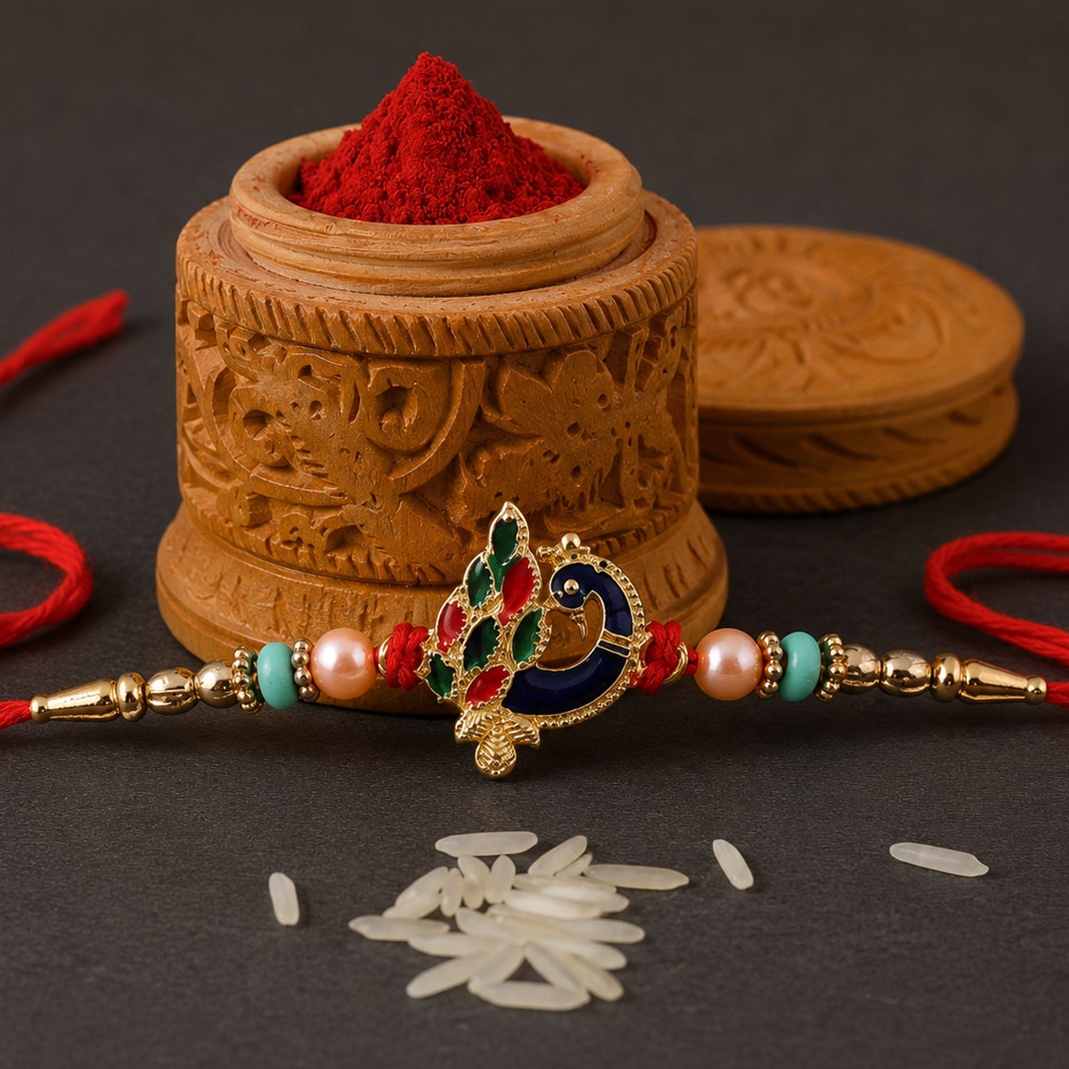 Traditional yet modern peacock charm rakhi with beads