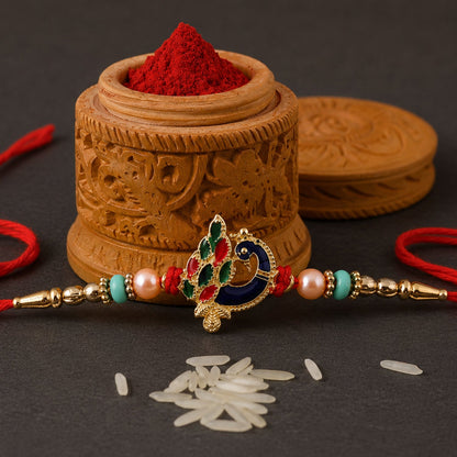 Traditional yet modern peacock charm rakhi with beads