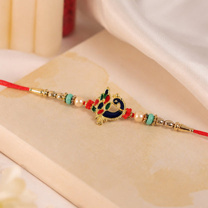Side view of Meenakari Peacock Charm Beads Rakhi
