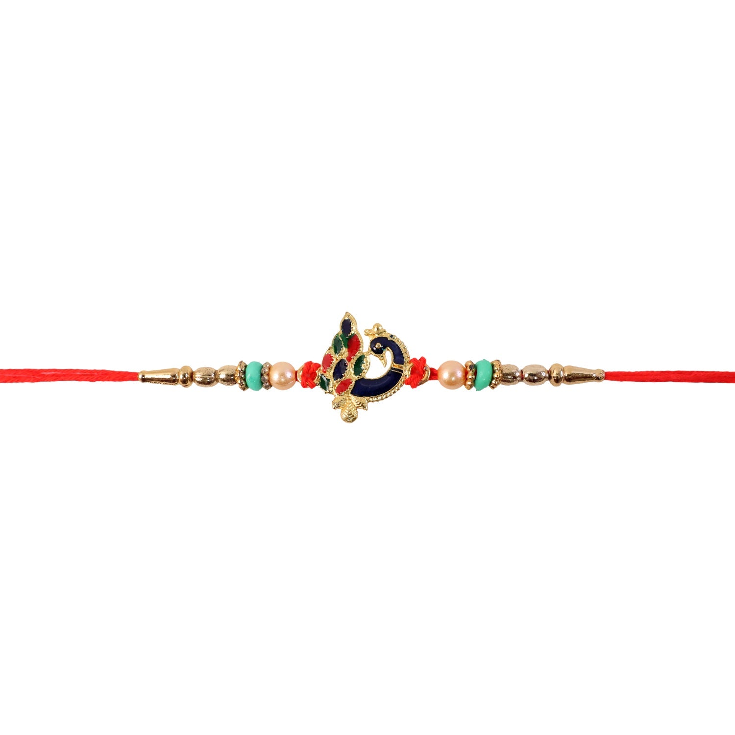 Meenakari Peacock Charm Rakhi tied on wrist