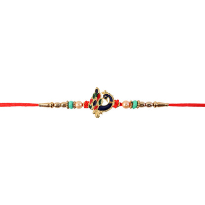 Meenakari Peacock Charm Rakhi tied on wrist