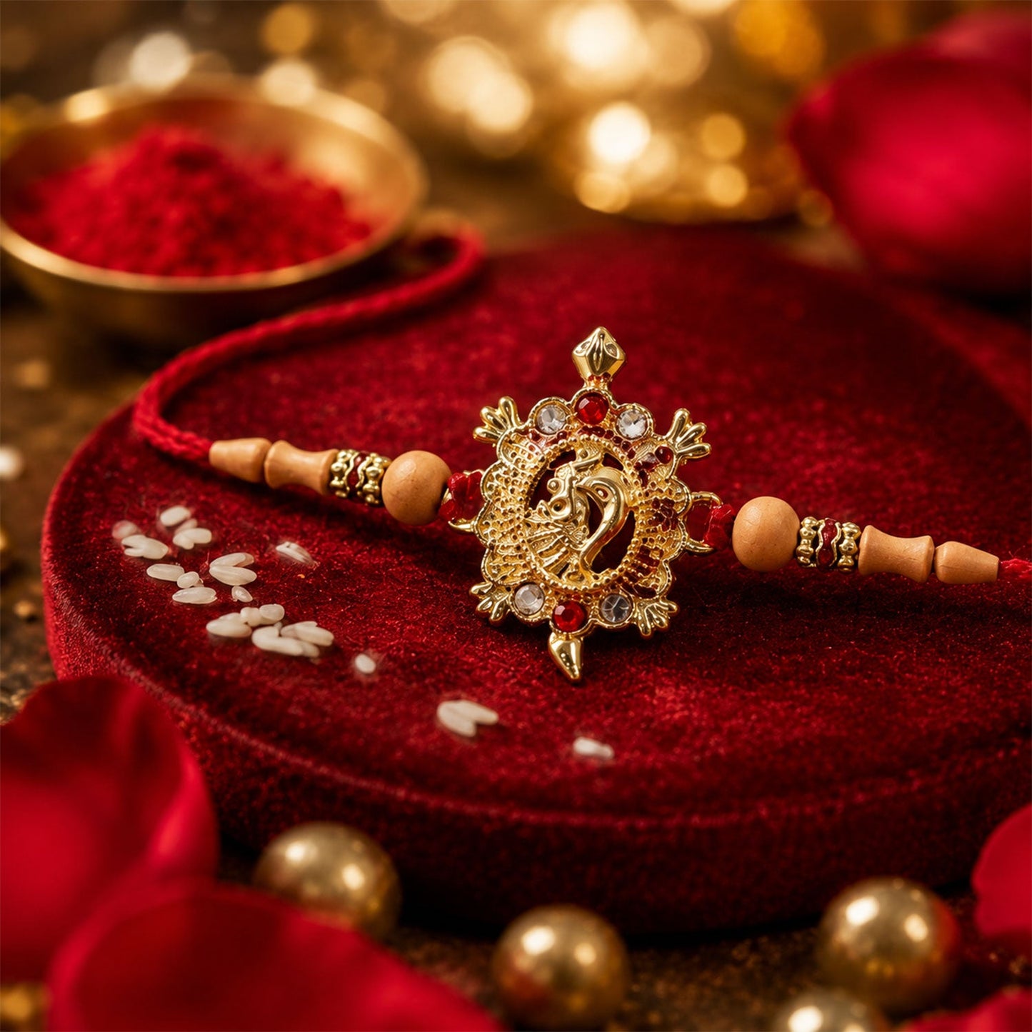 Side angle of Turtle Peacock Rakhi showing beads