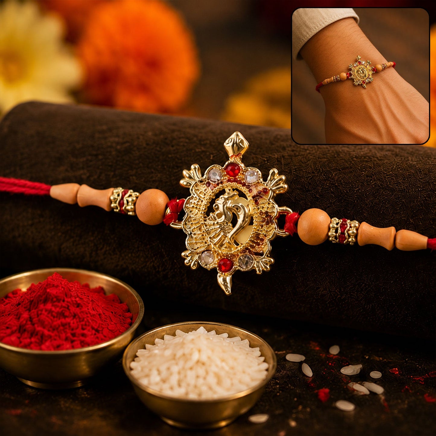 Turtle Peacock Charm Beads Designer Rakhi 1 Pc