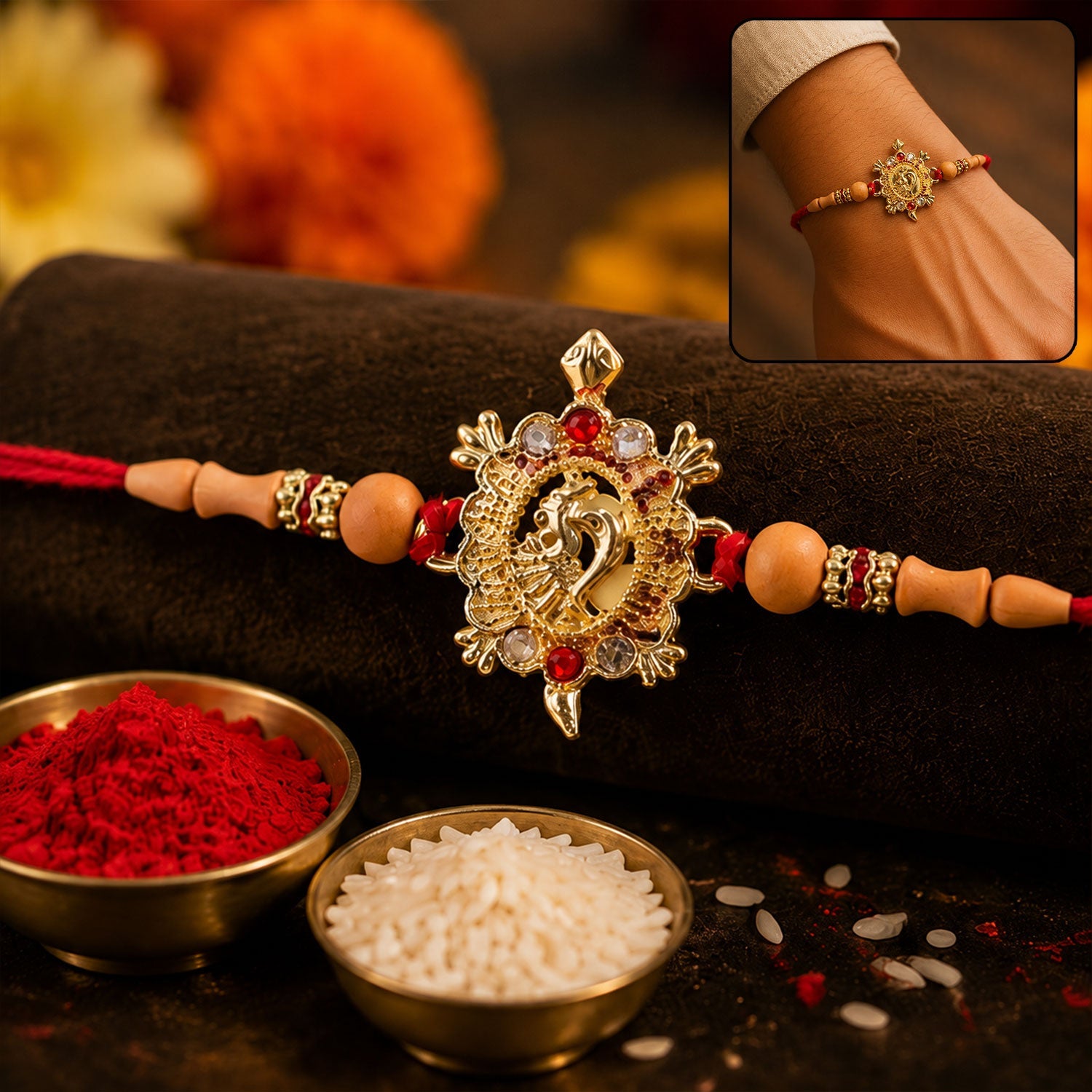 Turtle Peacock Charm Beads Designer Rakhi 1 Pc