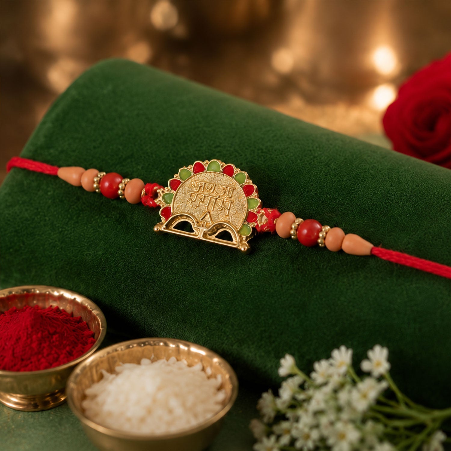 Jai Shree Shyam rakhi displaying coin charm and beads