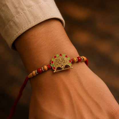 Side view of Jai Shree Shyam bead rakhi tied on wrist