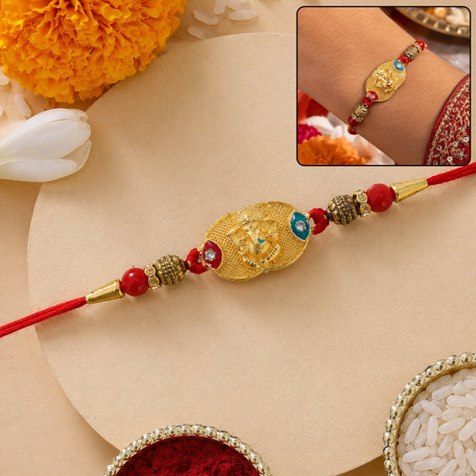 Golden Ganesh Oval Charm Rakhi with Antique Beads front view