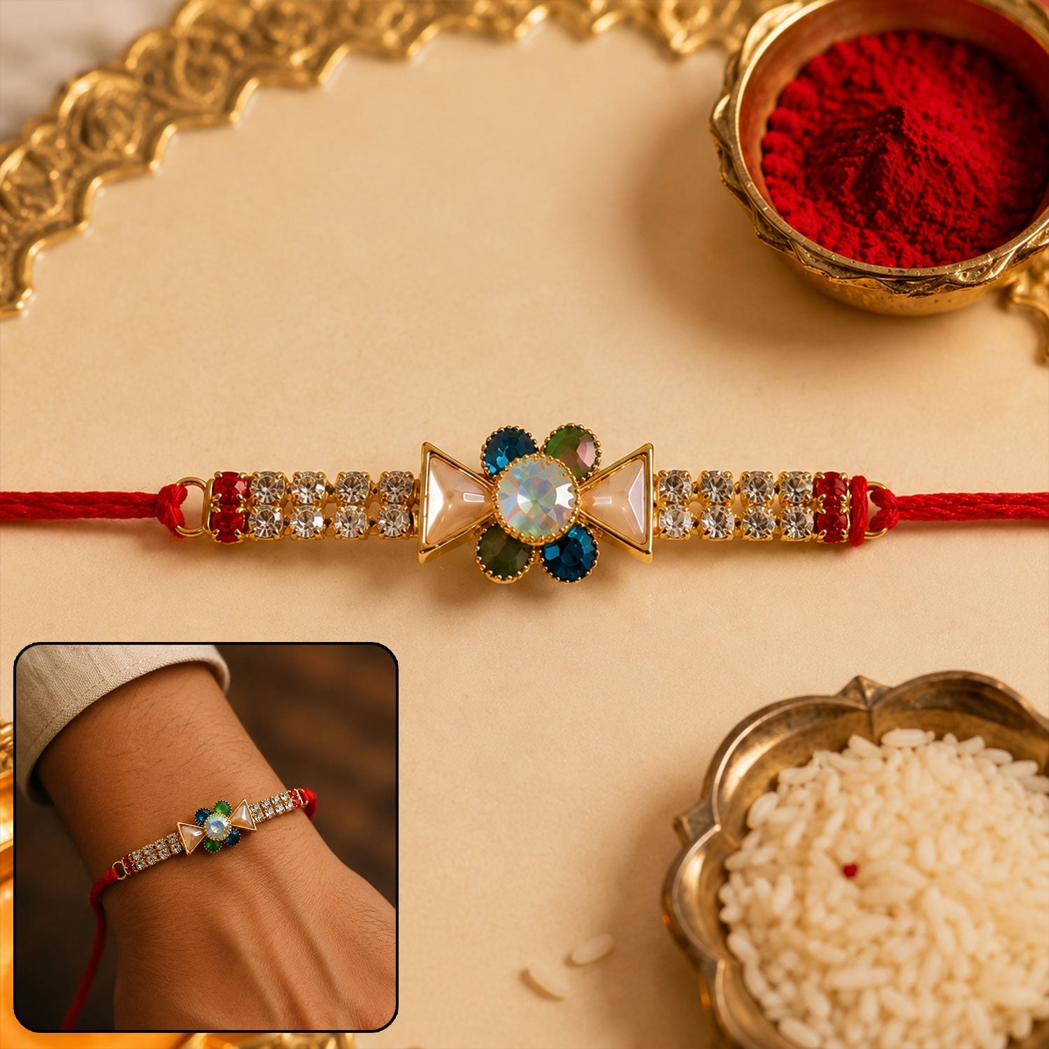 Crystal Stone Flower Bracelet Style Rakhi for Brother (1 Pc)