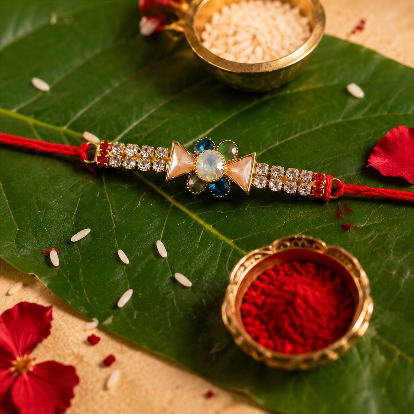 Crystal Stone Flower Bracelet Style Rakhi for Brother (1 Pc)