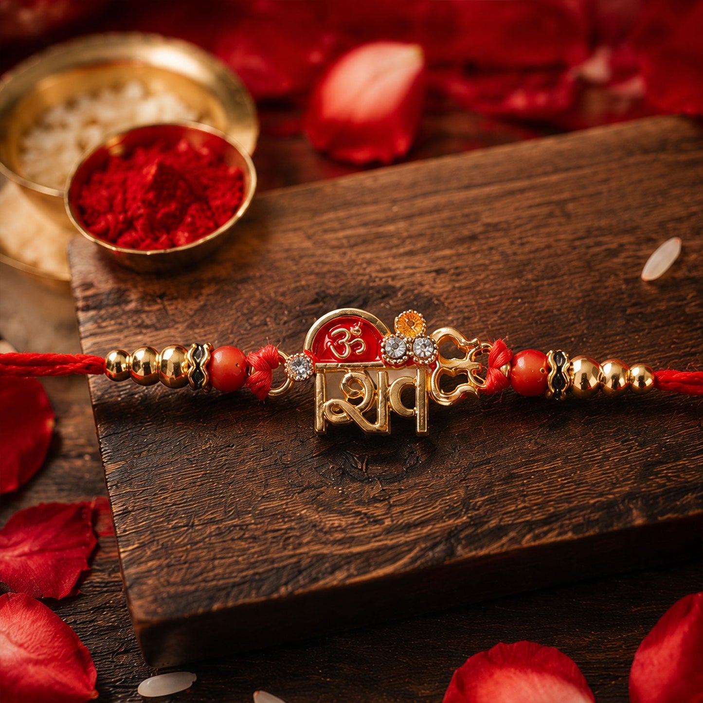 Om Shiv Trishul Charm Beaded Rakhi showing detailed thread and beads