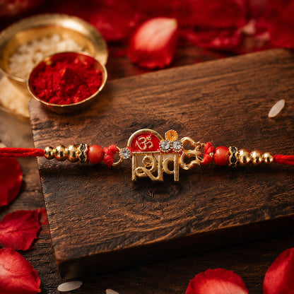Om Shiv Trishul Charm Beaded Rakhi showing detailed thread and beads