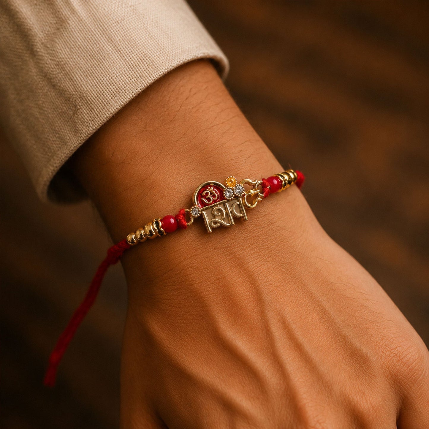 Top view of Om Shiv Trishul Charm Beaded Rakhi