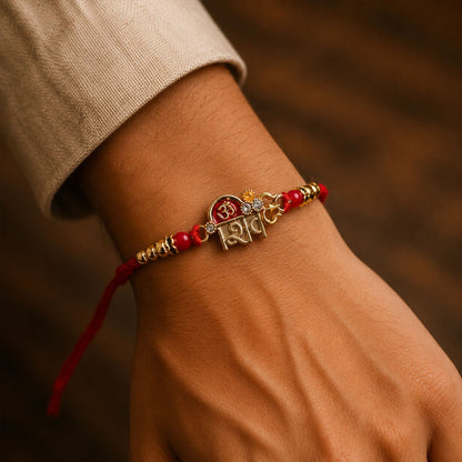 Top view of Om Shiv Trishul Charm Beaded Rakhi
