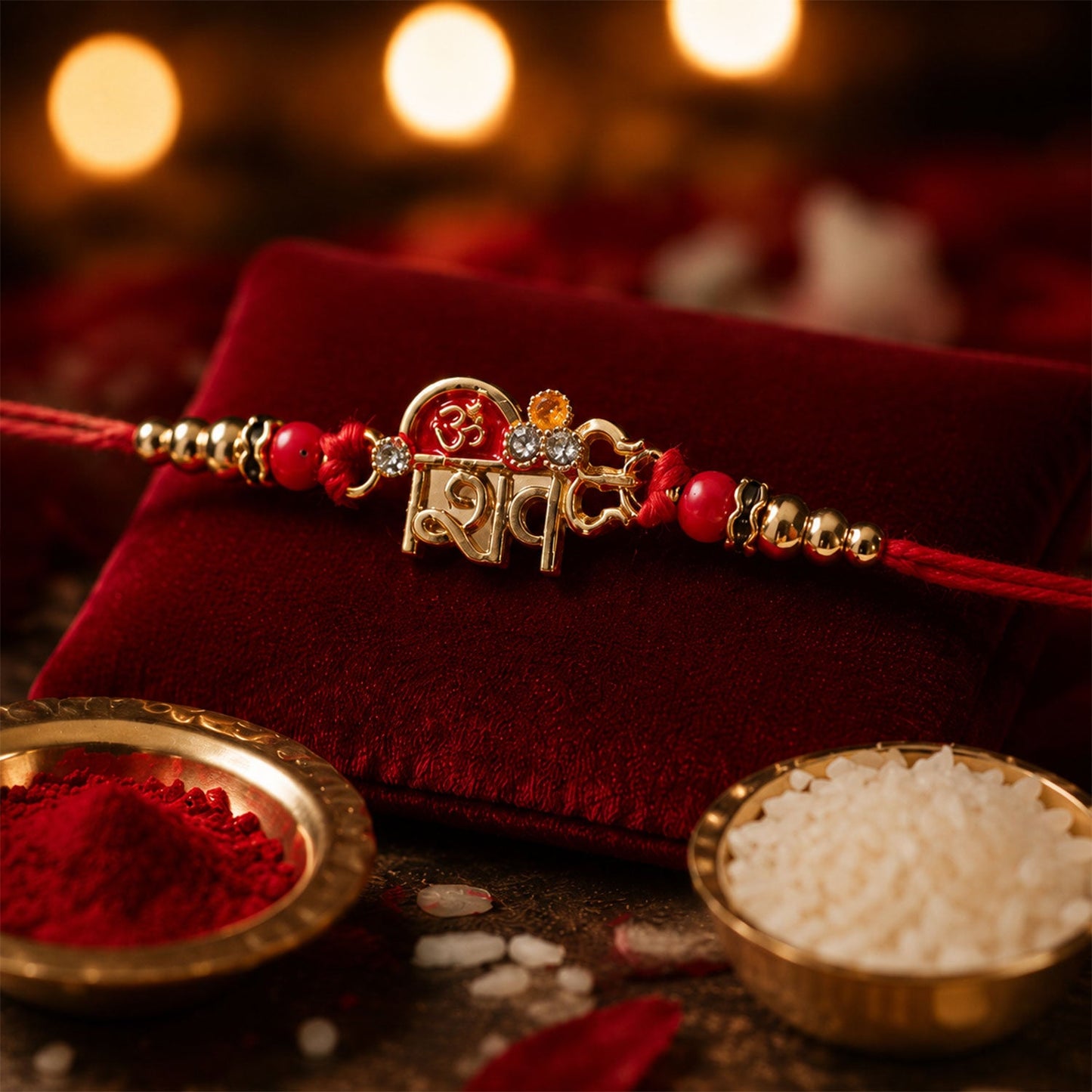 Close-up of Om Shiv Trishul Charm Beaded Rakhi beads and charm