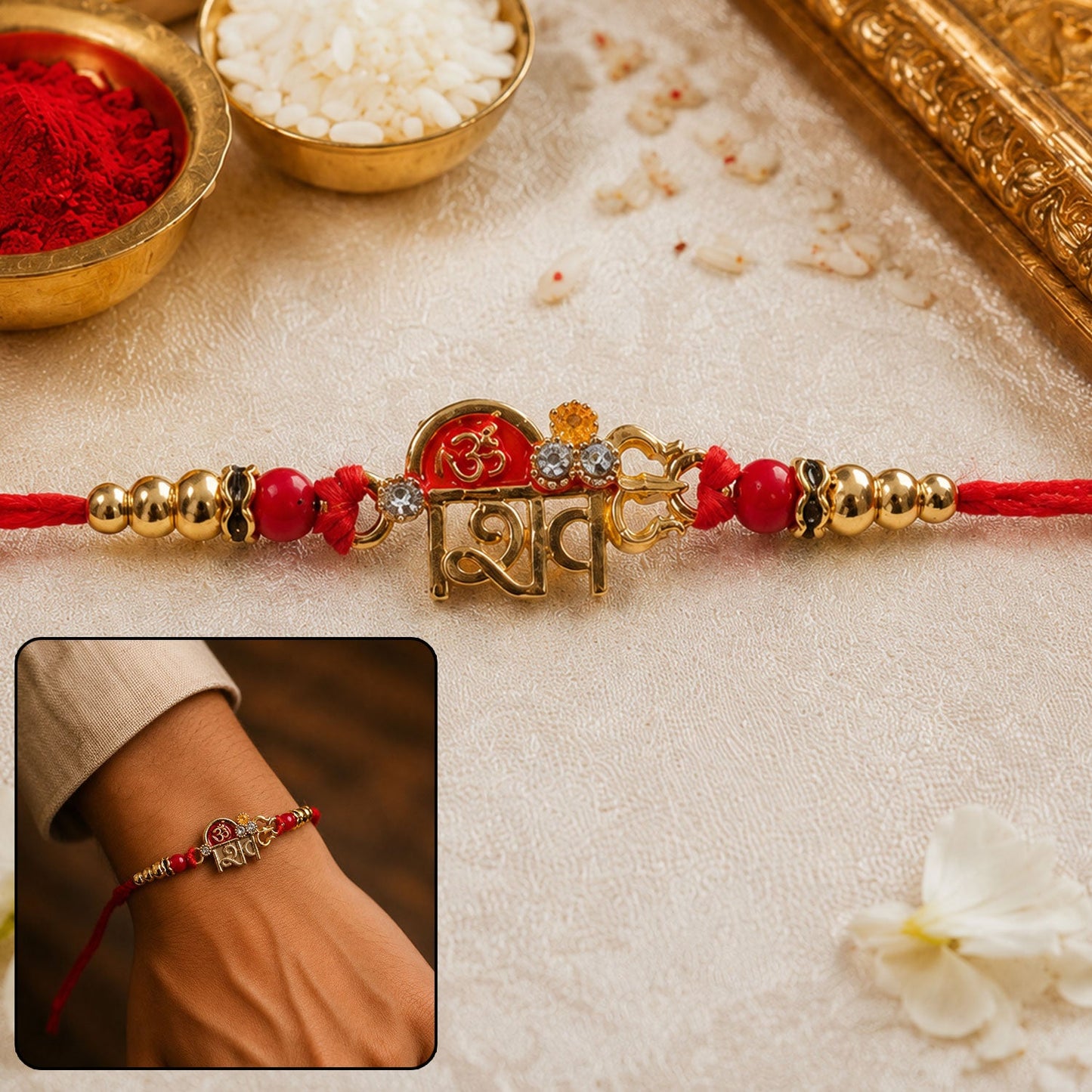 Om Shiv Trishul Charm Beaded Rakhi on white background