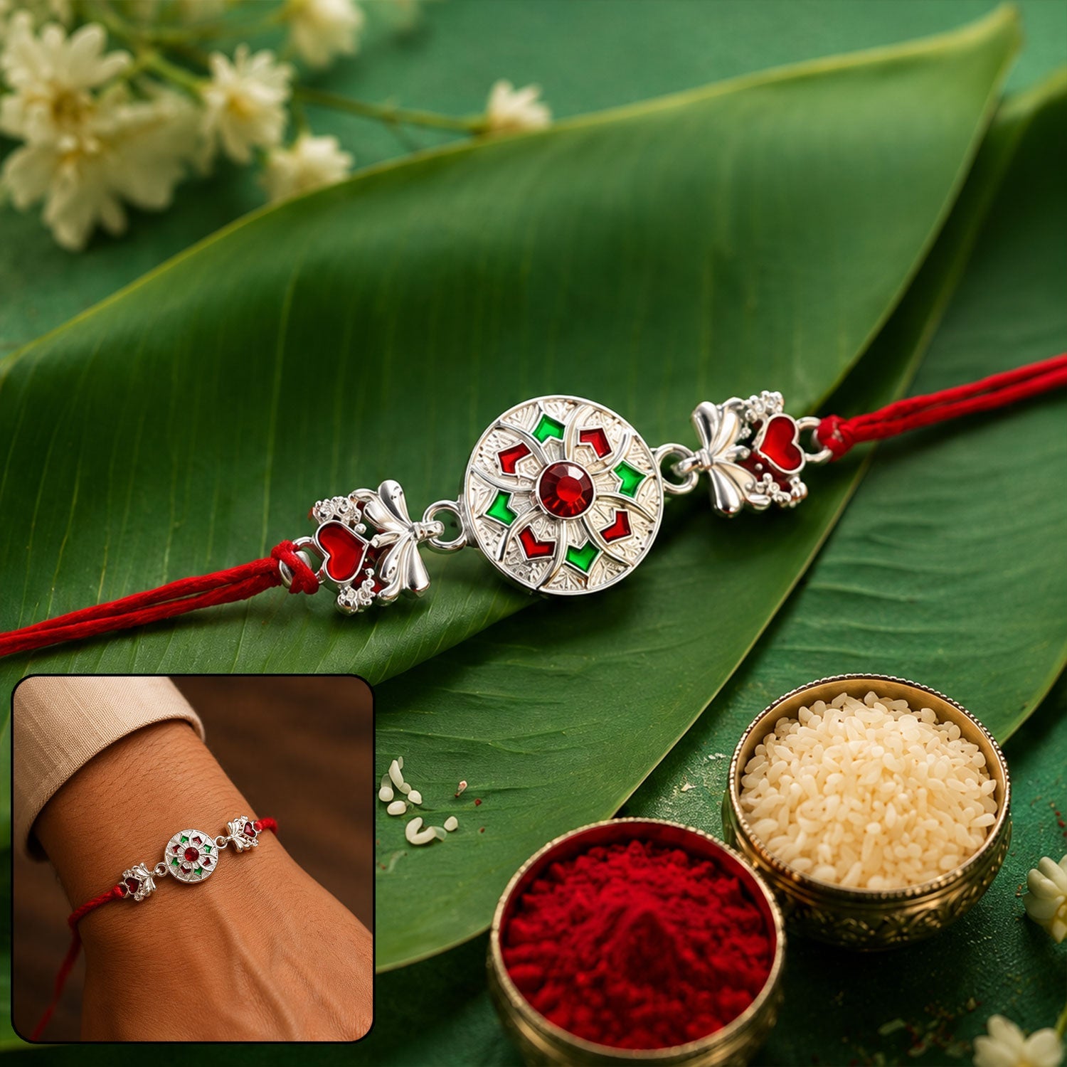 Silver Chakra Meena Heart Charm Rakhi on white background