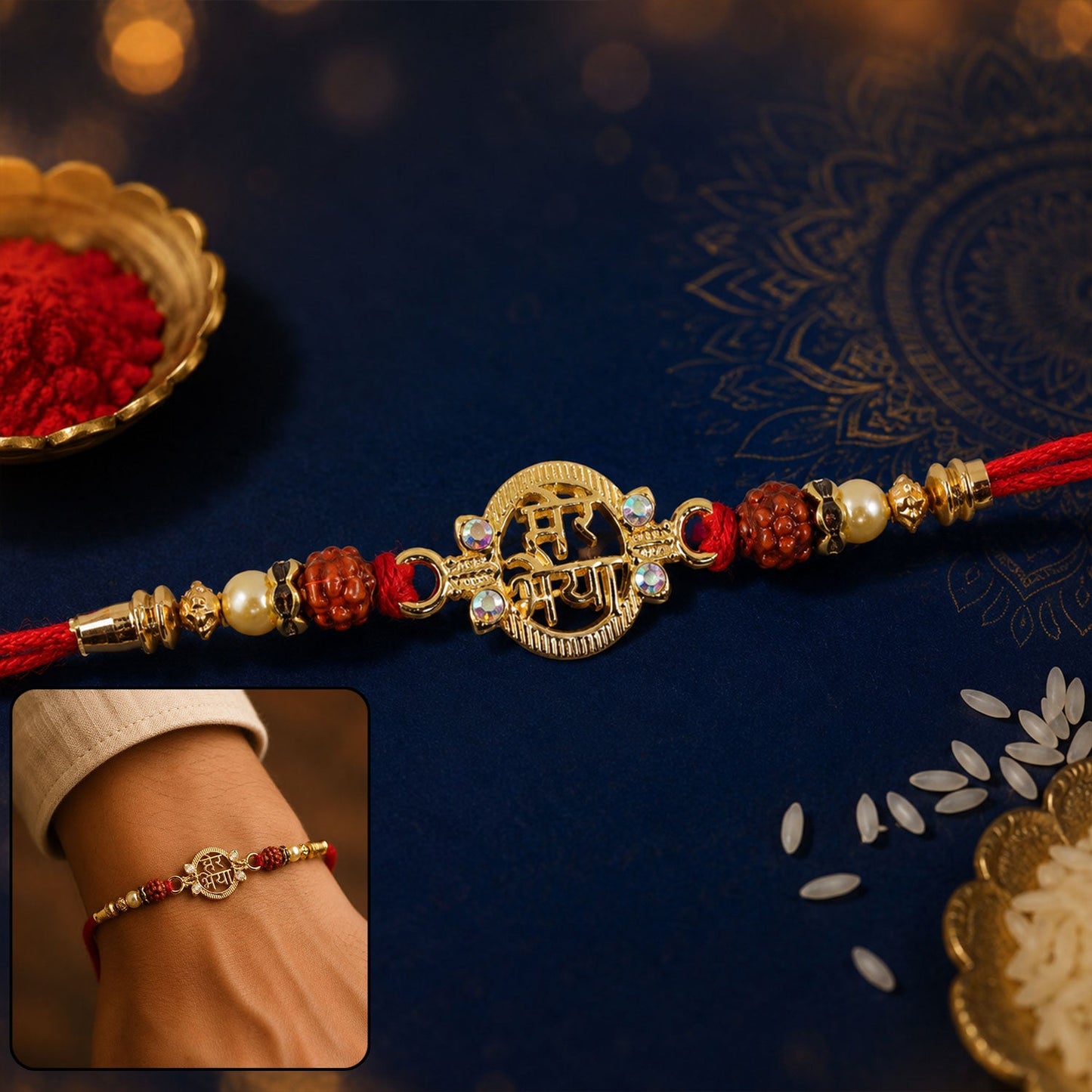Mere Bhaiya Charm Rudraksha Pearl Beads Rakhi front view