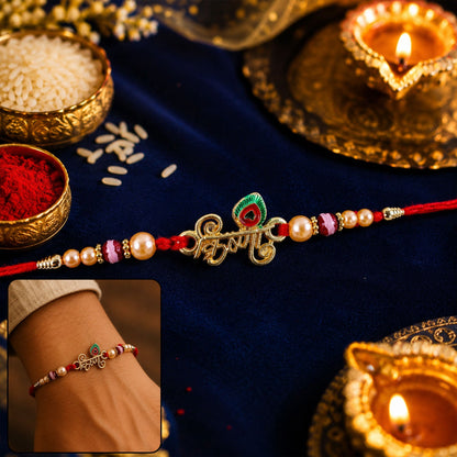 Krishna Mor Pankh Charm Rakhi with Pearl Beads - Front View