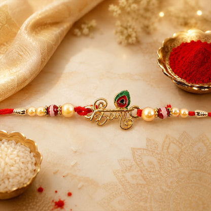 Close-up of Krishna Mor Pankh Pearl Beads Rakhi Design