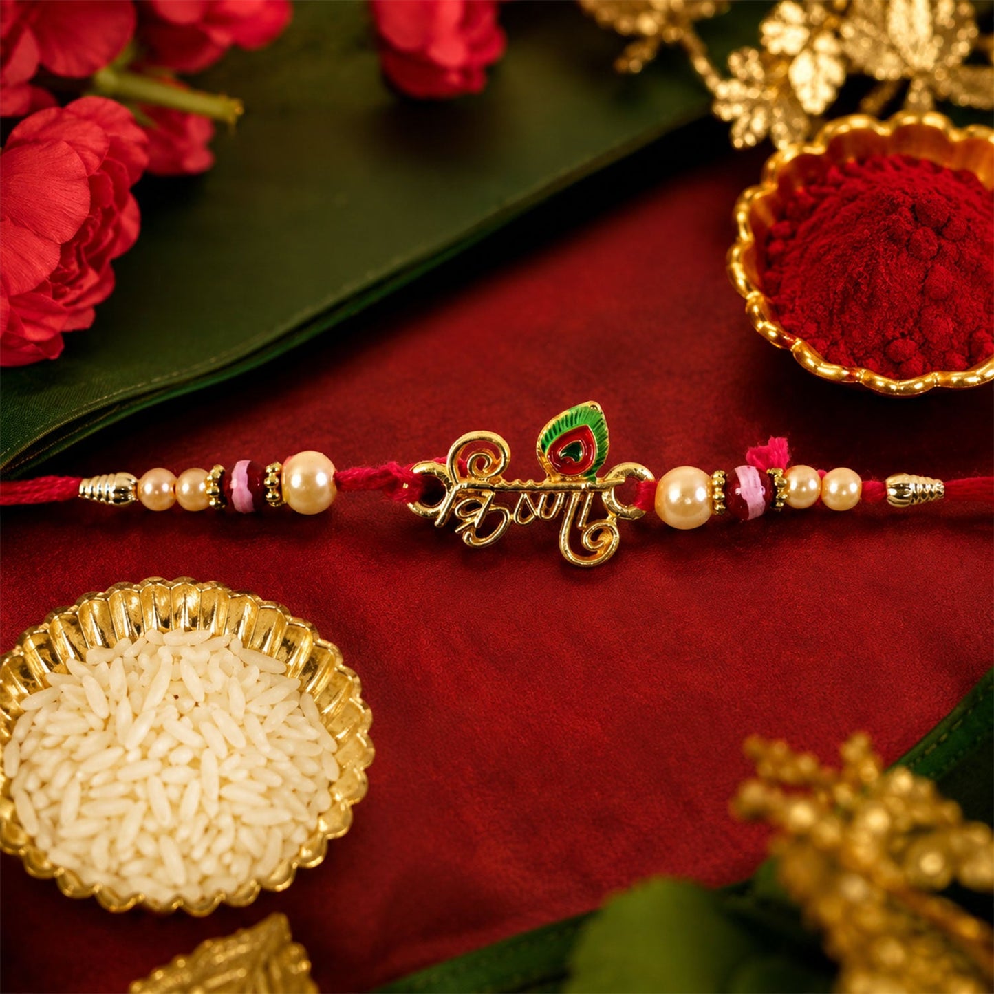 Side angle showing details of Krishna Mor Pankh Pearl Beads Rakhi